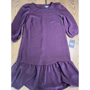 NWT DKNY Women's Balloon Sleeve Purple/Plum Ruffle Hem Dress